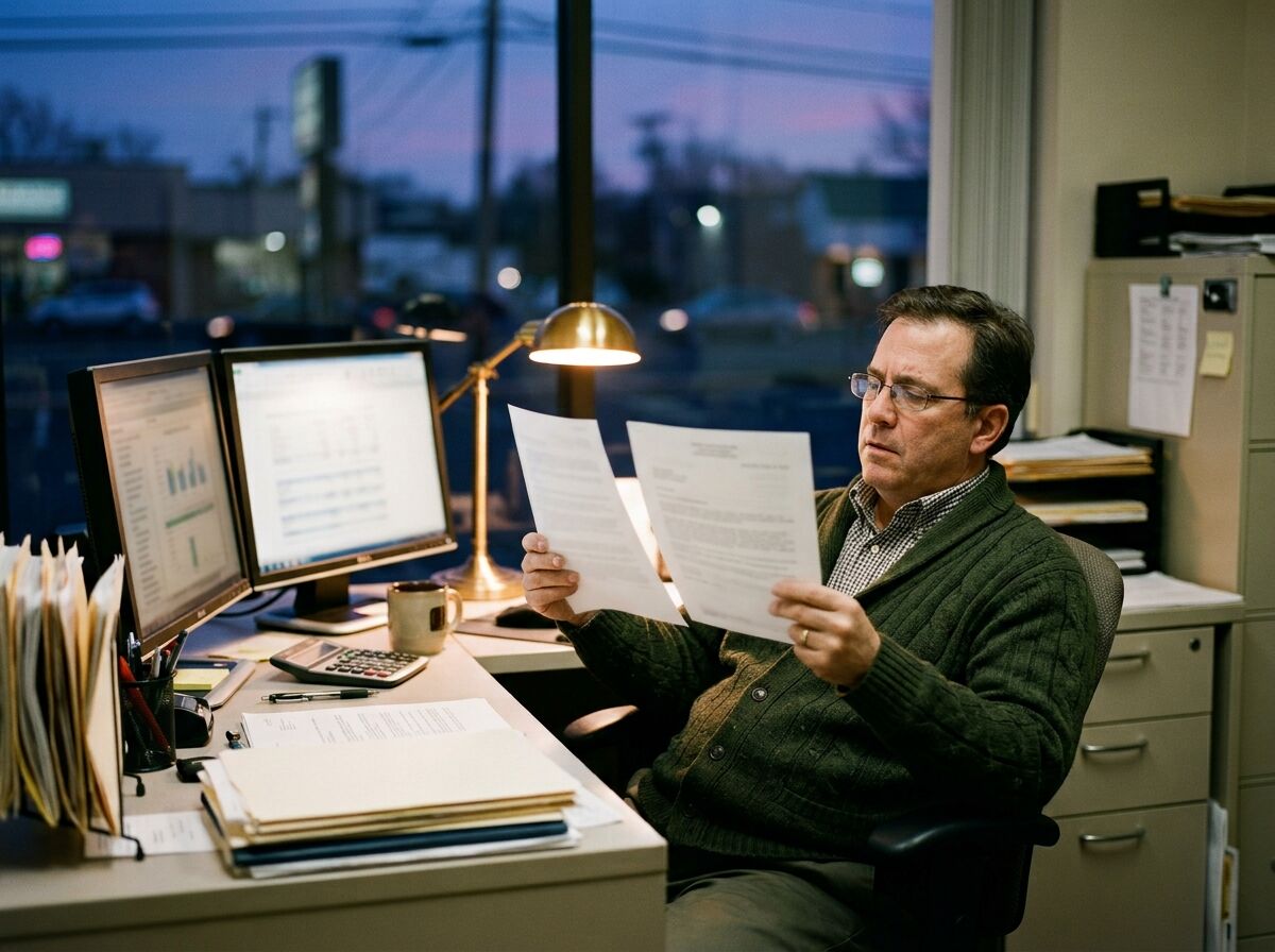 Man in a cardigan at a desk with two monitors comparing two printed documents side by side at dusk