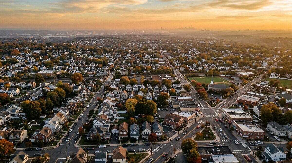 Aerial view at golden hour of a dense New Jersey suburb in the foreground with distant towns and a city skyline fading into haze