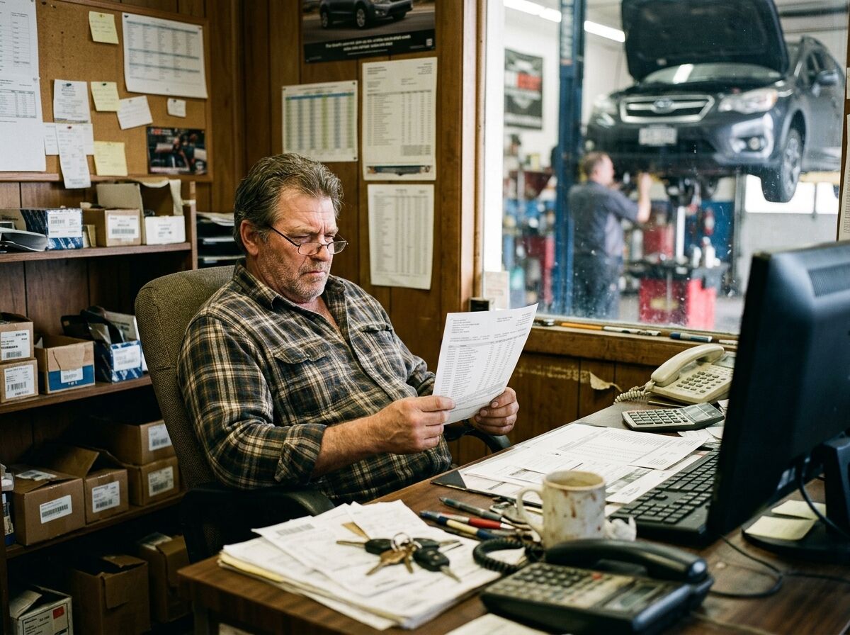 Man in a plaid shirt reading a printed report at a cluttered desk in an auto shop office, service bay visible through the window