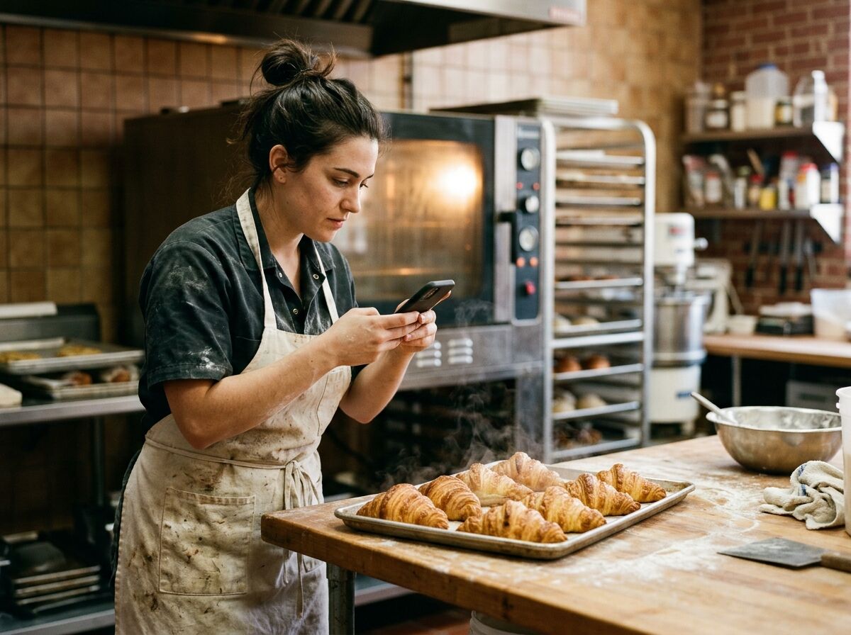 Baker in a flour-dusted apron photographing a tray of fresh croissants with her phone in a commercial kitchen