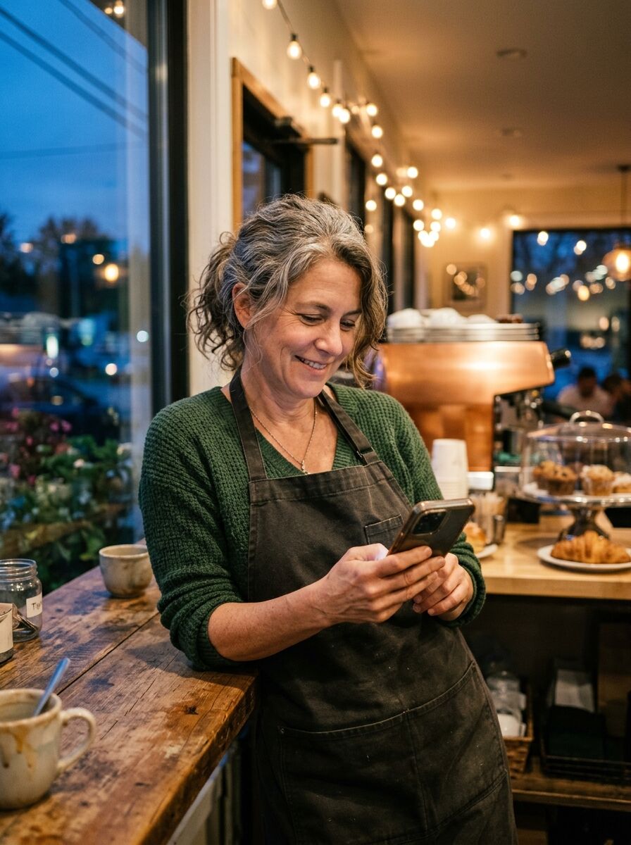 Woman in an apron leaning on a café counter, smiling at her phone during a quiet evening moment