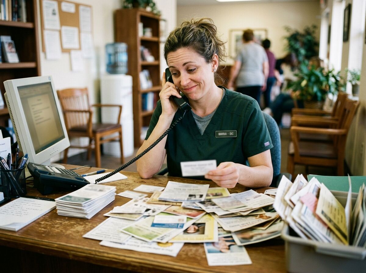 Woman in scrubs on the phone at a reception desk covered with piles of old business cards and flyers being sorted