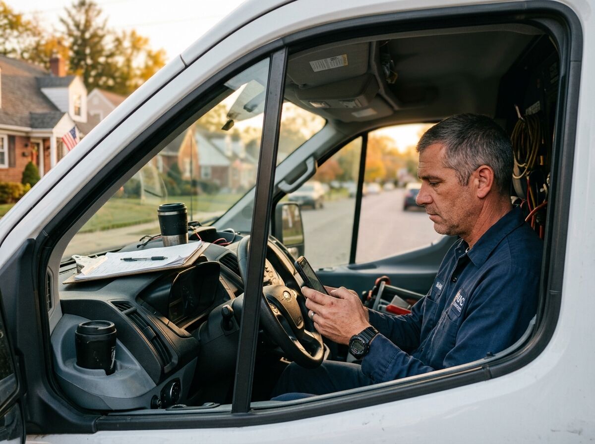 Man in a work van at golden hour checking his phone on a residential street