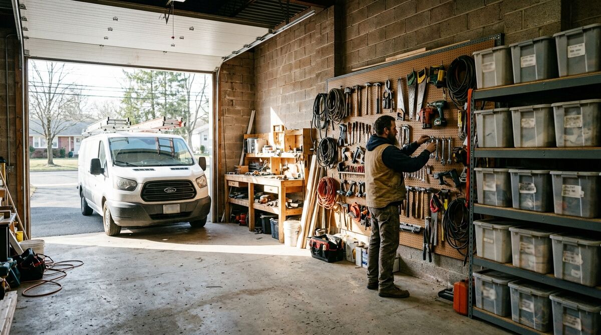 Contractor garage with a pegboard wall of hand tools on one side and shelves of labeled storage bins on the other, work van parked outside
