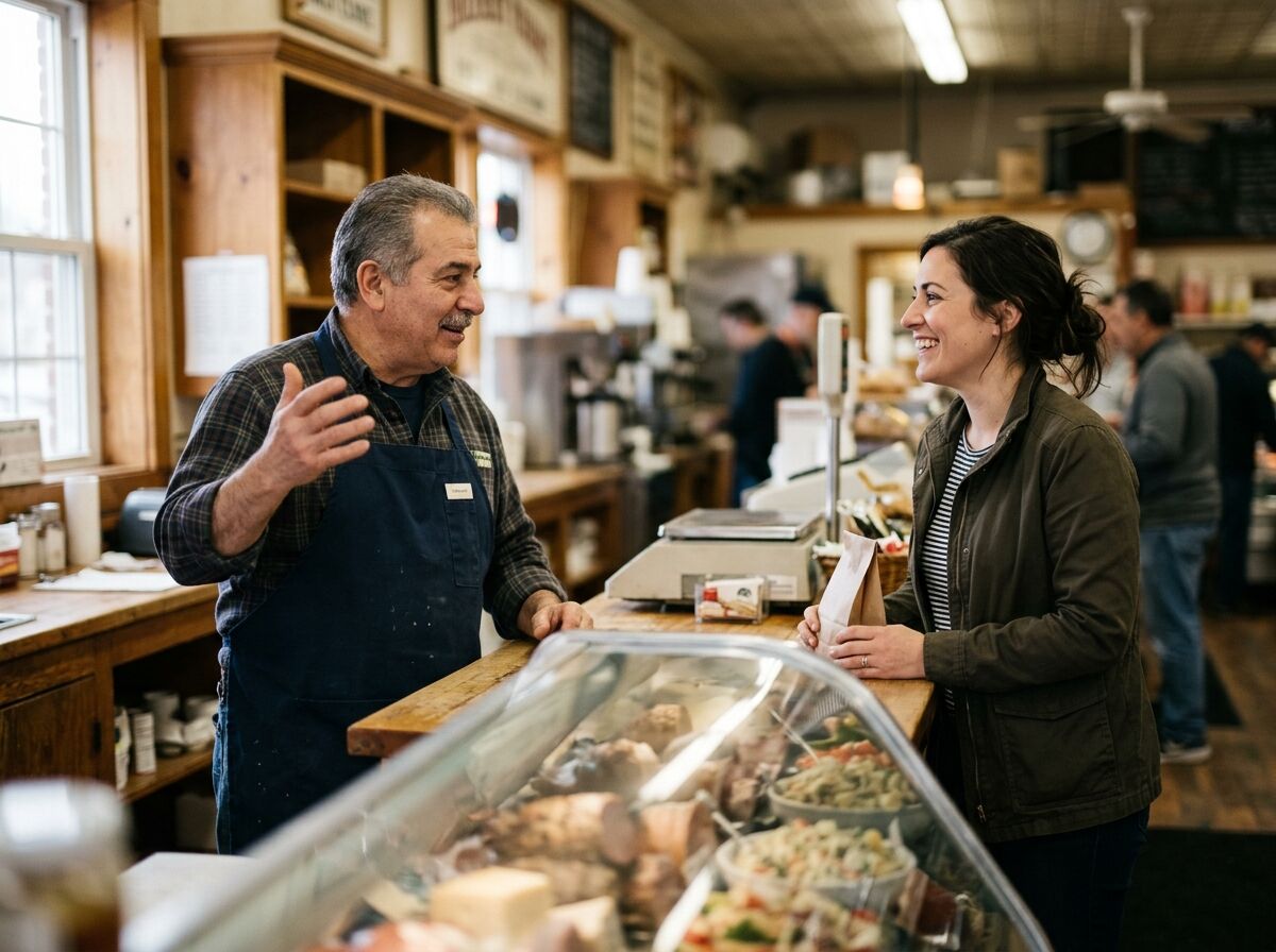 Man in an apron talking with a smiling customer across a deli counter, display case of food in the foreground