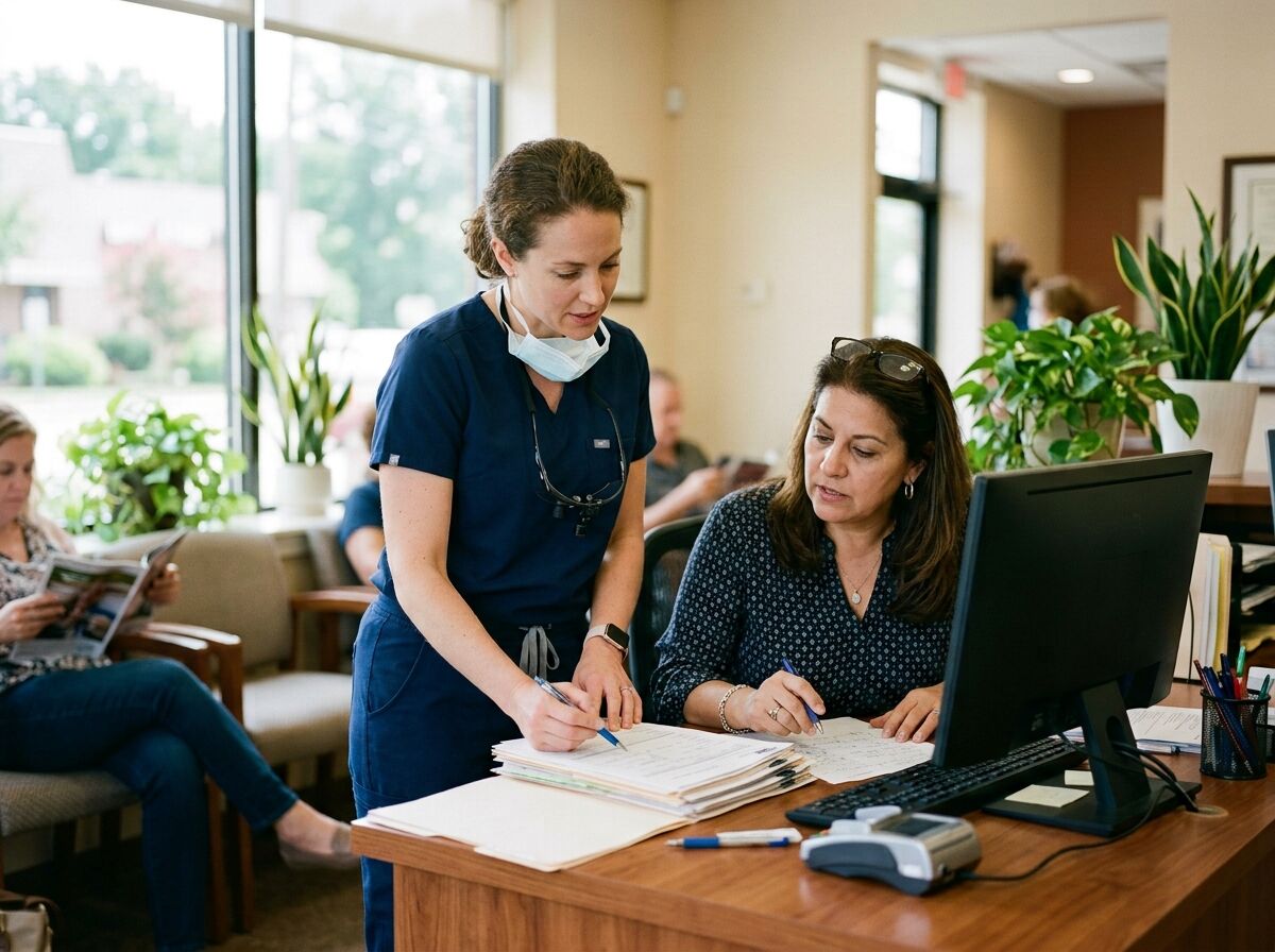 Two women going over paperwork together at a dental office front desk with patients in the waiting area behind them