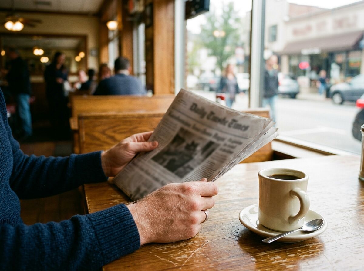 Hands holding a folded newspaper at a diner table next to a coffee cup, with a busy storefront street visible through the window behind