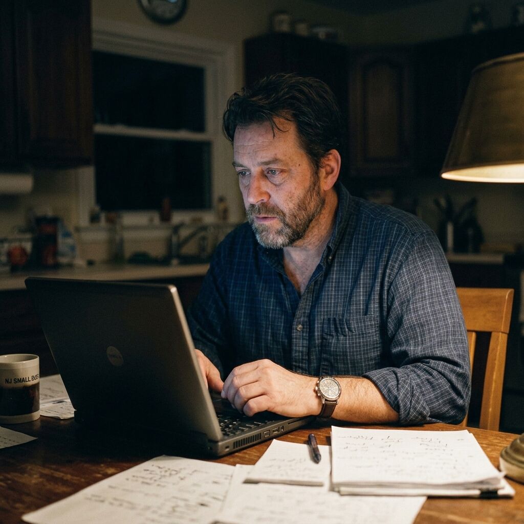 Man working on a laptop late at night at a kitchen table, surrounded by handwritten notes and a coffee mug