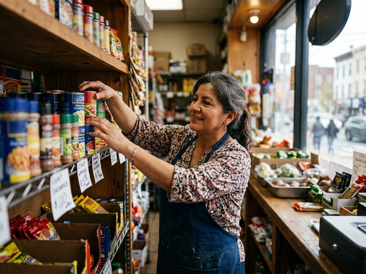 Mujer sonriente acomodando latas en los estantes de una pequeña tienda latina, con la ventana a la calle al fondo
