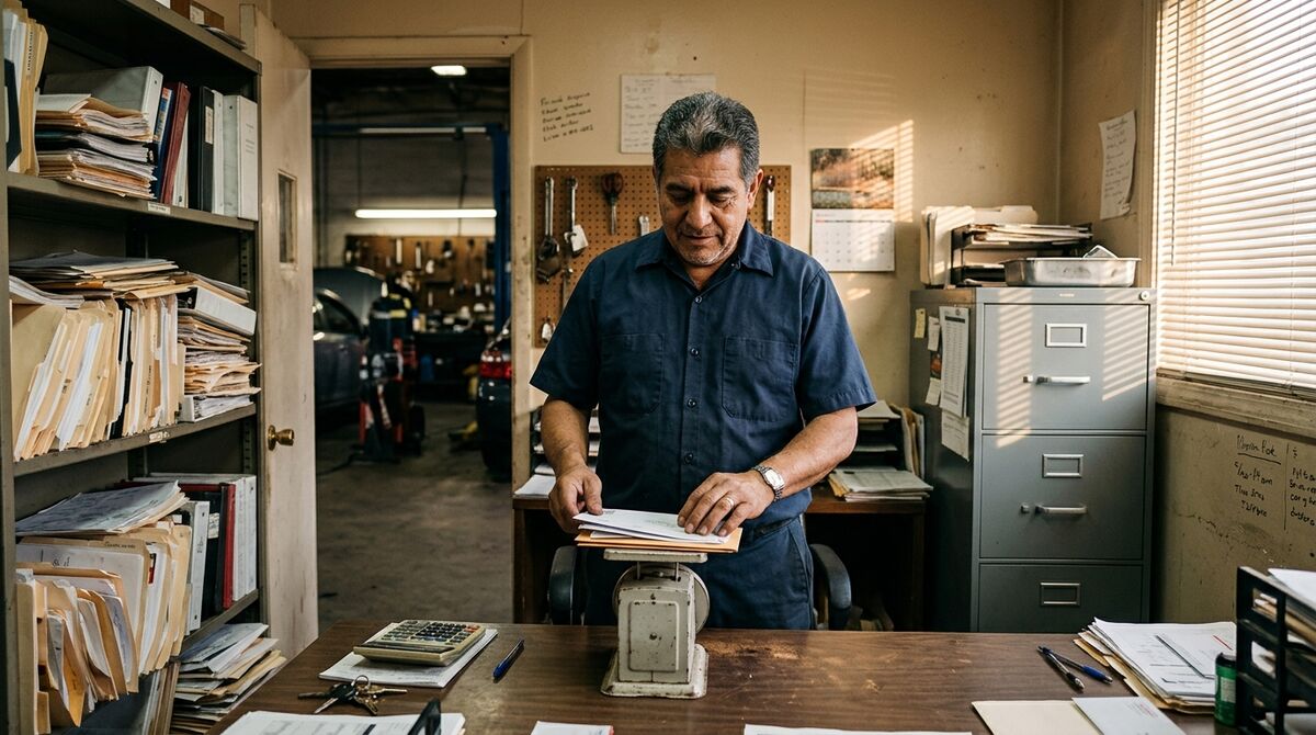 Hombre con camisa de trabajo revisando sobres y papeles en la oficina de un taller mecánico, rodeado de carpetas y archiveros