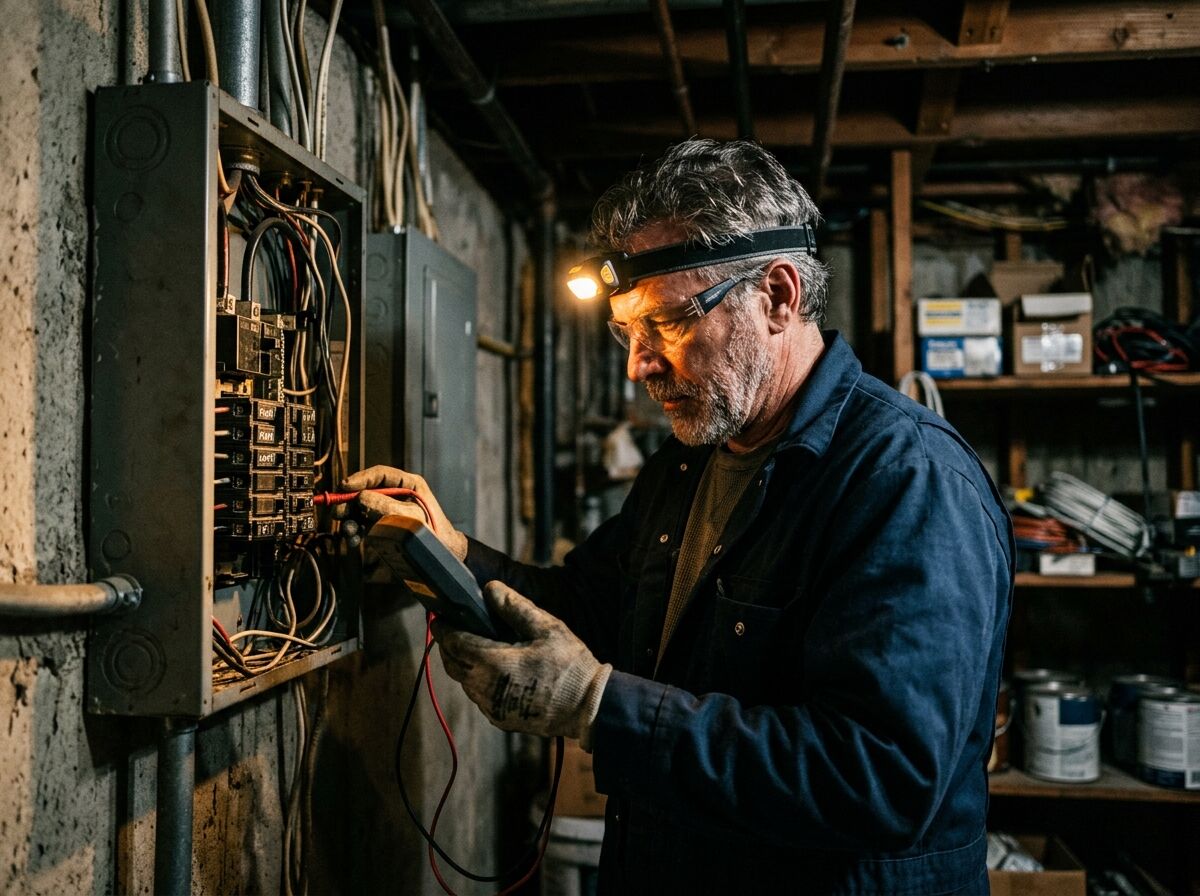 Electrician in work gear inspecting an open residential breaker panel with a flashlight