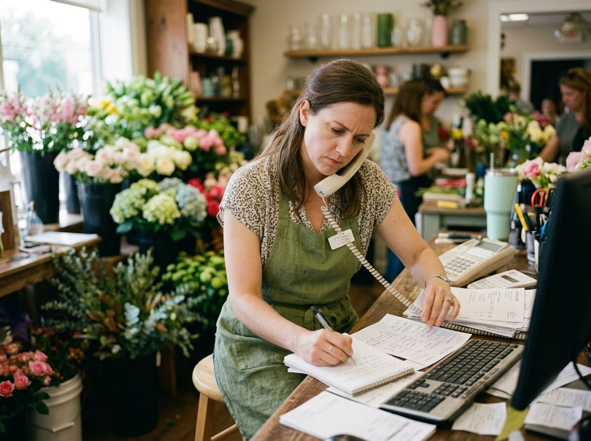Woman in a flower shop holding a phone to her ear with a worried expression, taking notes at the counter among paperwork and flowers