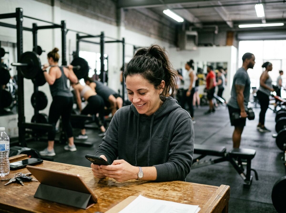 Smiling woman in a hoodie typing on her phone at a wooden gym front desk while members train in the background