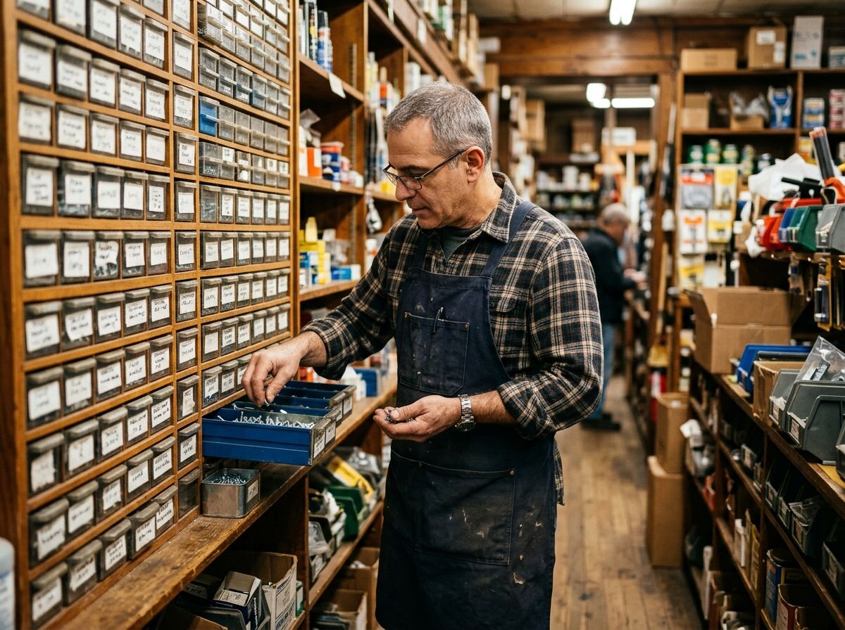 Man in an apron sorting fasteners from a wall of small labeled drawers in a hardware store aisle