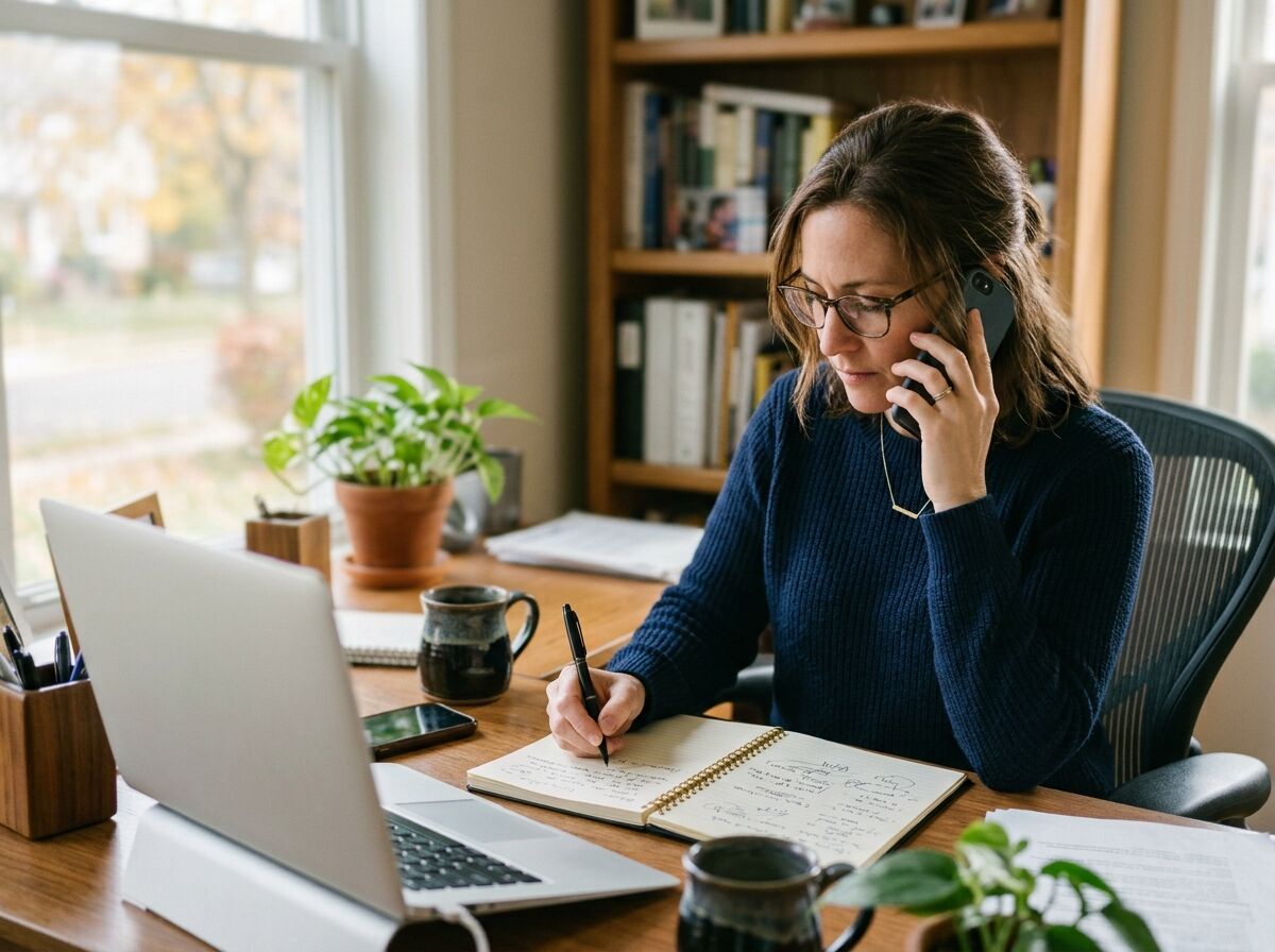 Woman at a home office desk taking handwritten notes during a phone call, laptop and coffee mug on the desk
