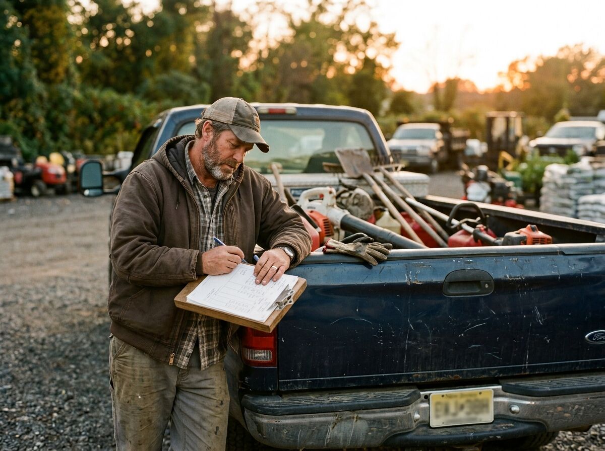 Man in work clothes writing on a clipboard at the tailgate of a pickup truck loaded with equipment at golden hour