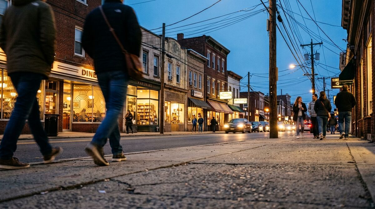 Low-angle view of a small-town main street at dusk with lit storefront windows, pedestrians walking, and overhead utility lines against a deep blue sky