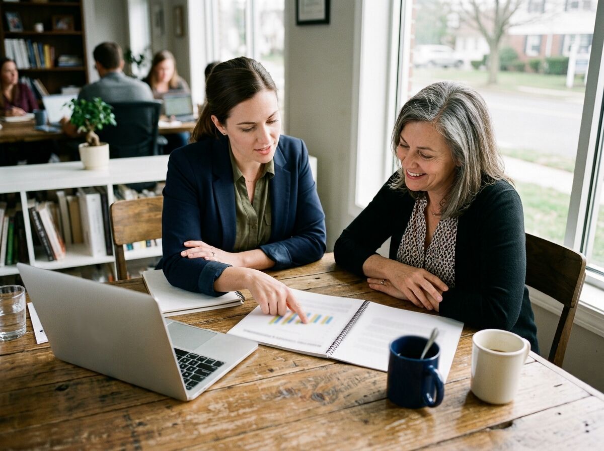 Two people at a wooden table reviewing a printed report together by a window