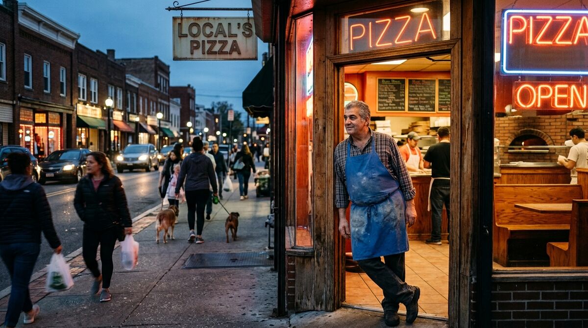 Man in an apron leaning in the doorway of a pizzeria at dusk, neon signs glowing, pedestrians passing on the sidewalk