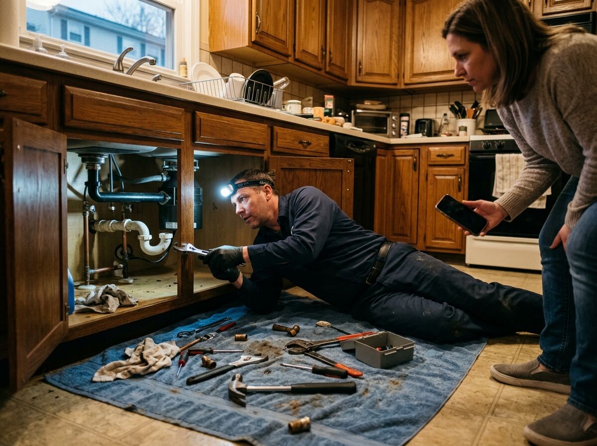 Plumber with a headlamp working under a kitchen sink while a homeowner stands nearby holding a phone