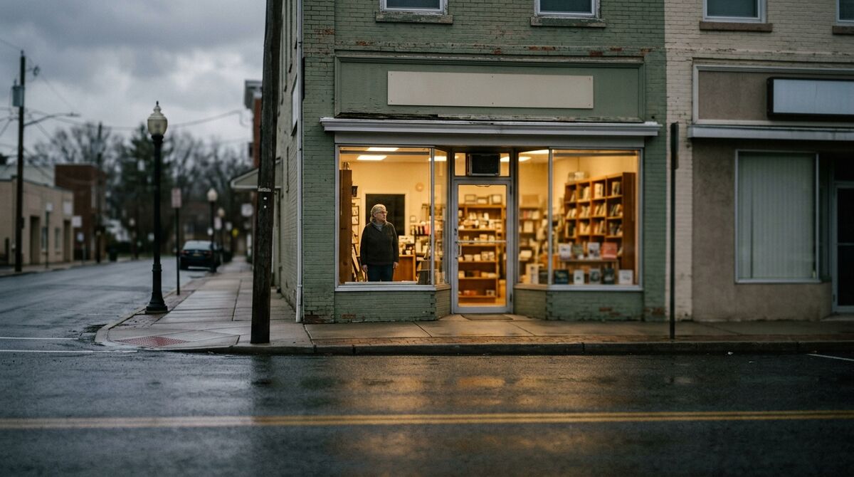 Small corner storefront with lights on and a person standing at the window looking out at an empty wet street on an overcast day