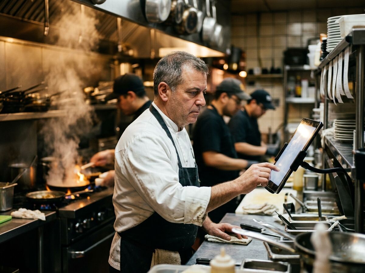 Chef in whites using a tablet mounted near the kitchen pass while cooks work behind him