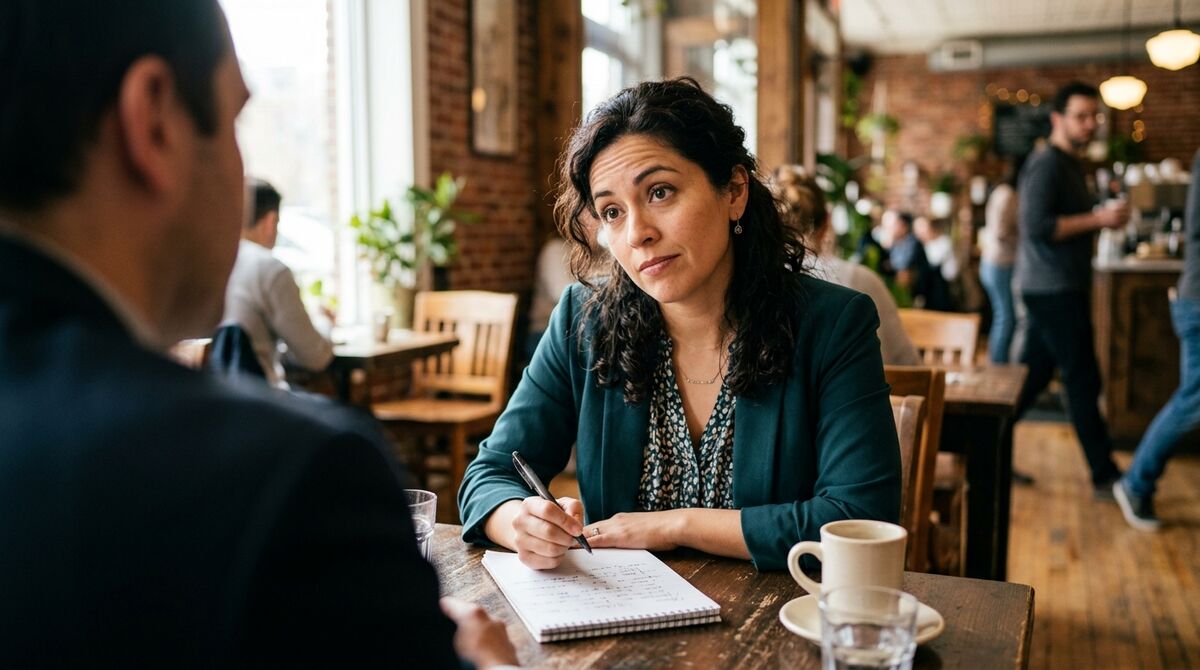 Mujer con saco verde tomando notas en un cuaderno durante una reunión en un café, escuchando con expresión evaluadora