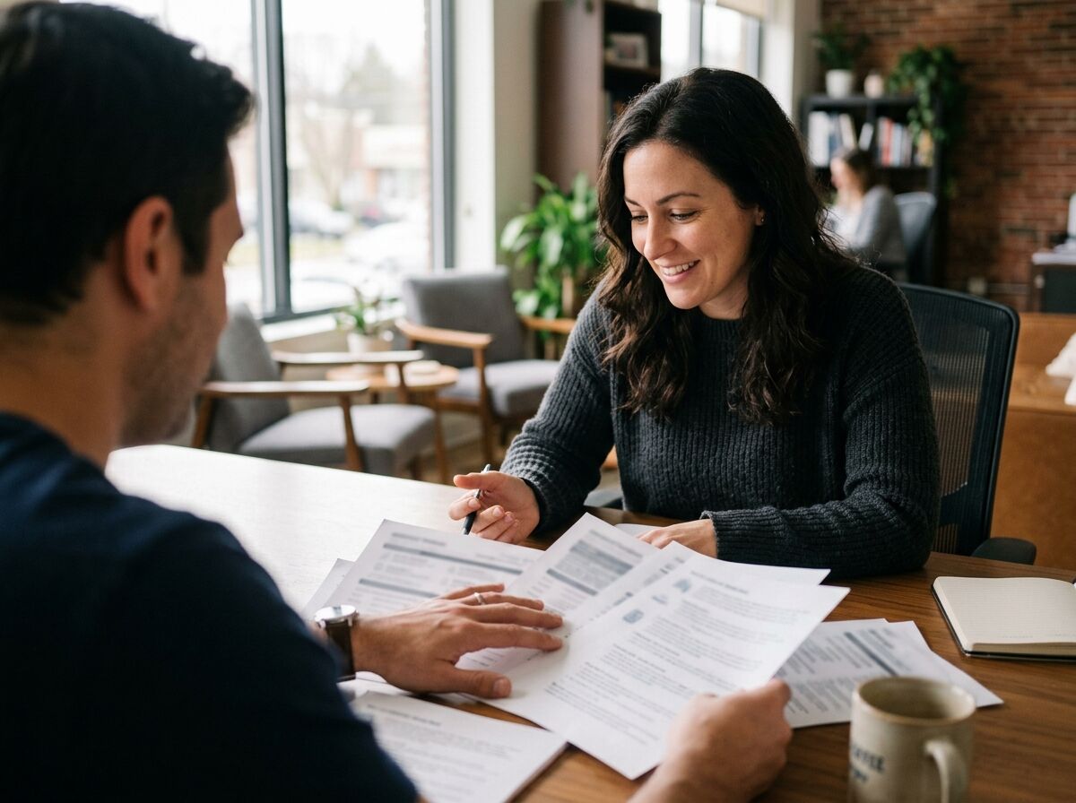 Two people at a table comparing several printed documents side by side in a bright office