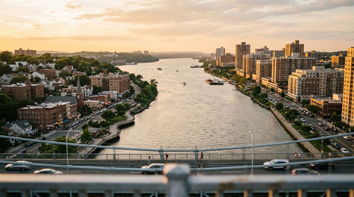Elevated golden-hour view from a bridge over a river with a low-rise residential town on one bank and mid-rise buildings on the other