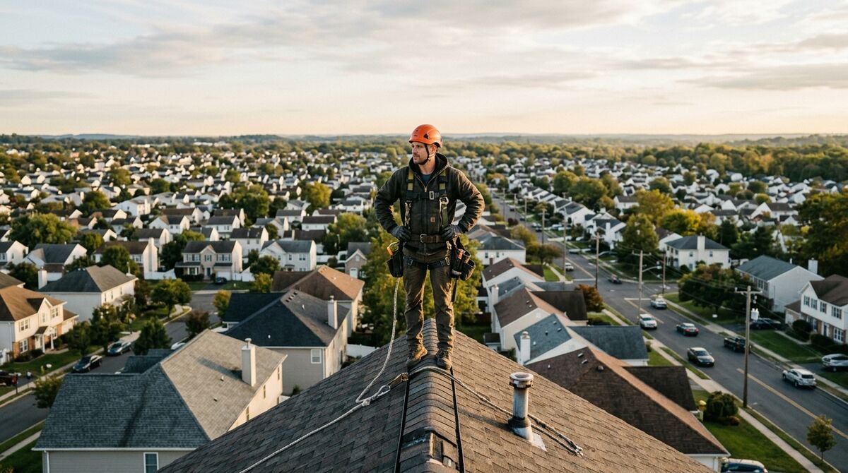 Roofer kneeling on a shingled ridgeline with a suburban neighborhood of houses stretching out below