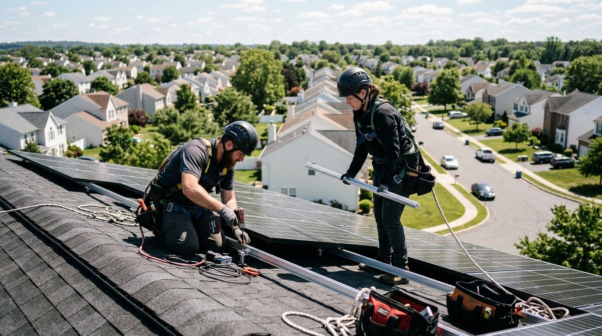 Two installers in helmets and harnesses mounting solar panels on a residential roof with a suburban neighborhood below