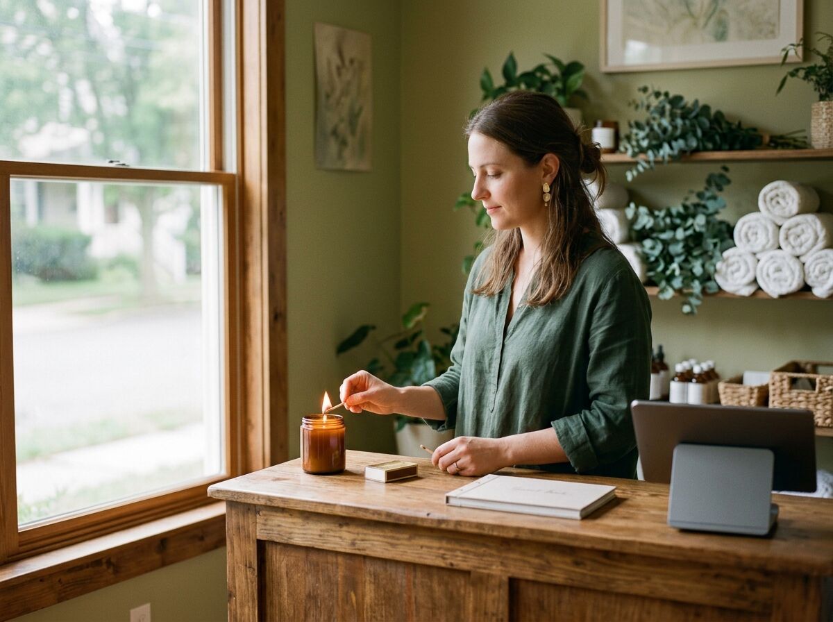 Woman lighting a candle at a wooden spa reception desk near a window, towels and eucalyptus on shelves behind her