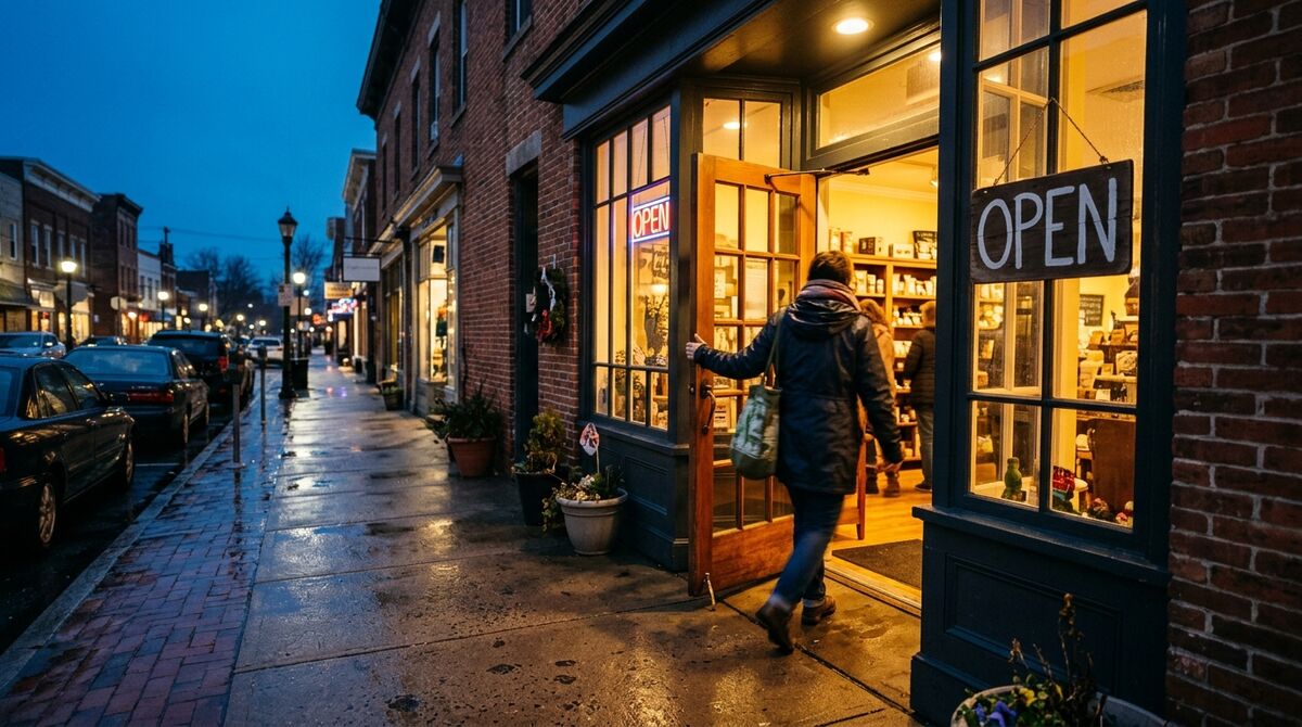 Storefront at dusk with warm light spilling onto the wet sidewalk as a customer walks in past the open sign