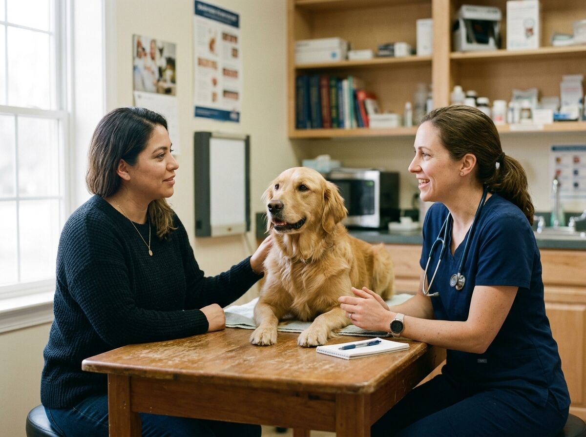 Veterinarian examining a golden retriever on an exam table while the owner stands across and asks a question