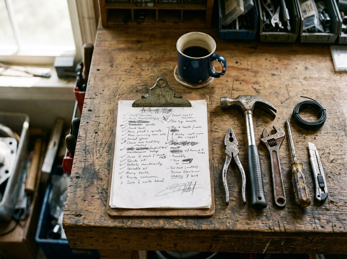 Overhead view of a workbench with a handwritten checklist on a clipboard, a coffee mug, and hand tools laid out in a row