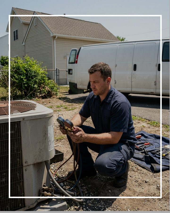 Burlington County NJ home services — HVAC technician servicing a residential property in suburban Burlington County
