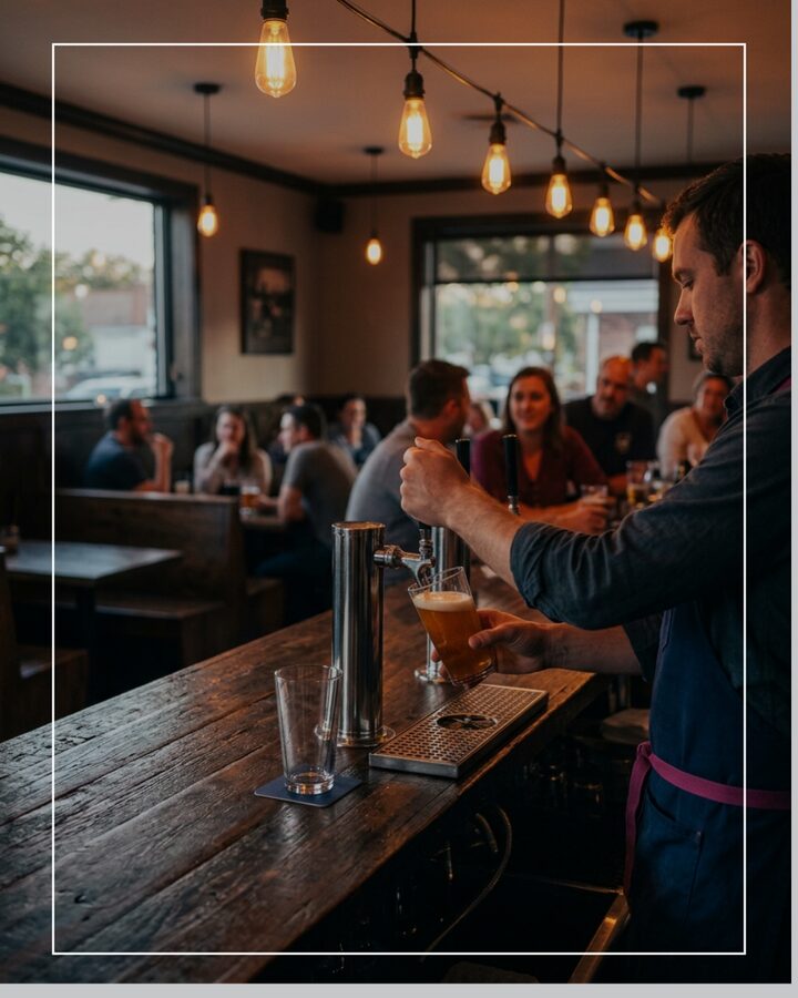Cape May County NJ hospitality — bartender pouring craft beer at a busy shore establishment on the Jersey Shore