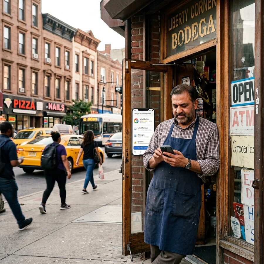 Hudson County NJ small business — owner at urban market with brownstone storefronts in the Jersey City and Hoboken area