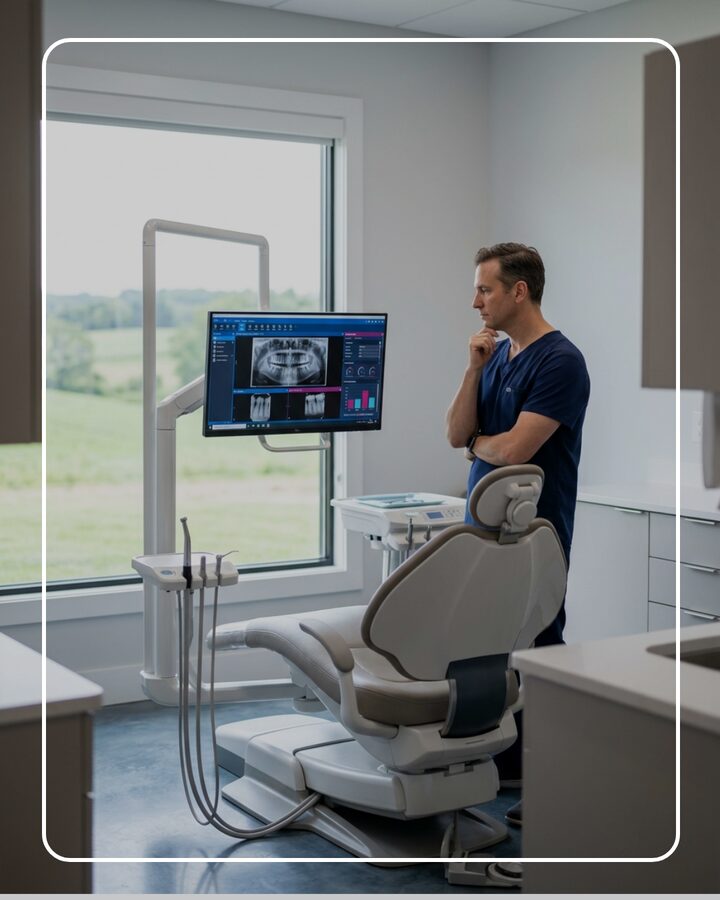 Hunterdon County NJ dental practice — dentist reviewing patient X-rays with rural New Jersey countryside visible through the window