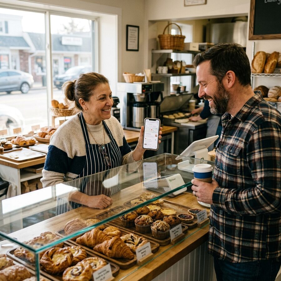 Morris County NJ local bakery — owner serving customers at a neighborhood bakery in Morris County