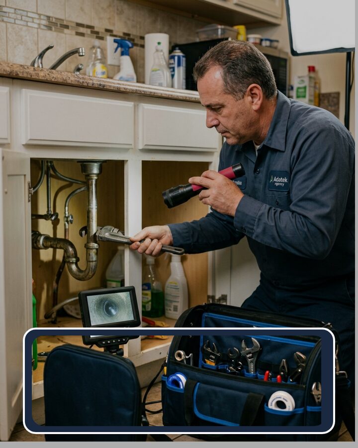 Ocean County NJ home services — licensed plumber performing under-sink repair at a residential home