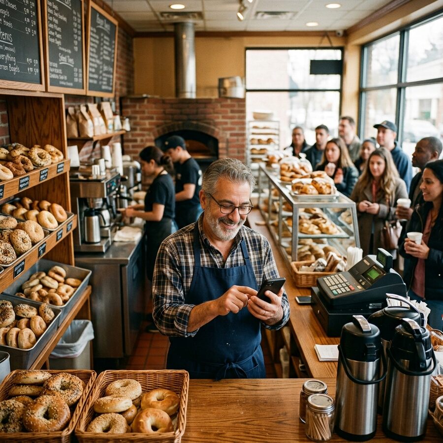 NJ bagel shop owner checking Google Business Profile on his phone during a busy morning rush