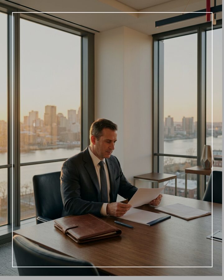 NJ business professional reviewing local SEO performance report with Manhattan skyline visible from Hudson County