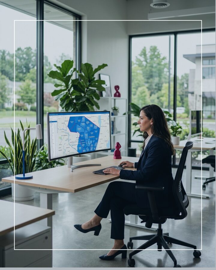 Local SEO specialist reviewing NJ service area territory map to plan coverage across multiple towns
